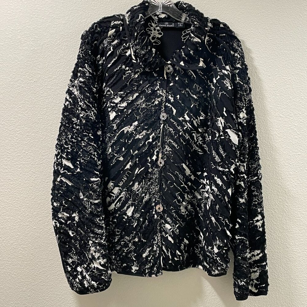 Vintage Casual Studio Chenille Jacket Black White Abstract Art to Wear XL EUC